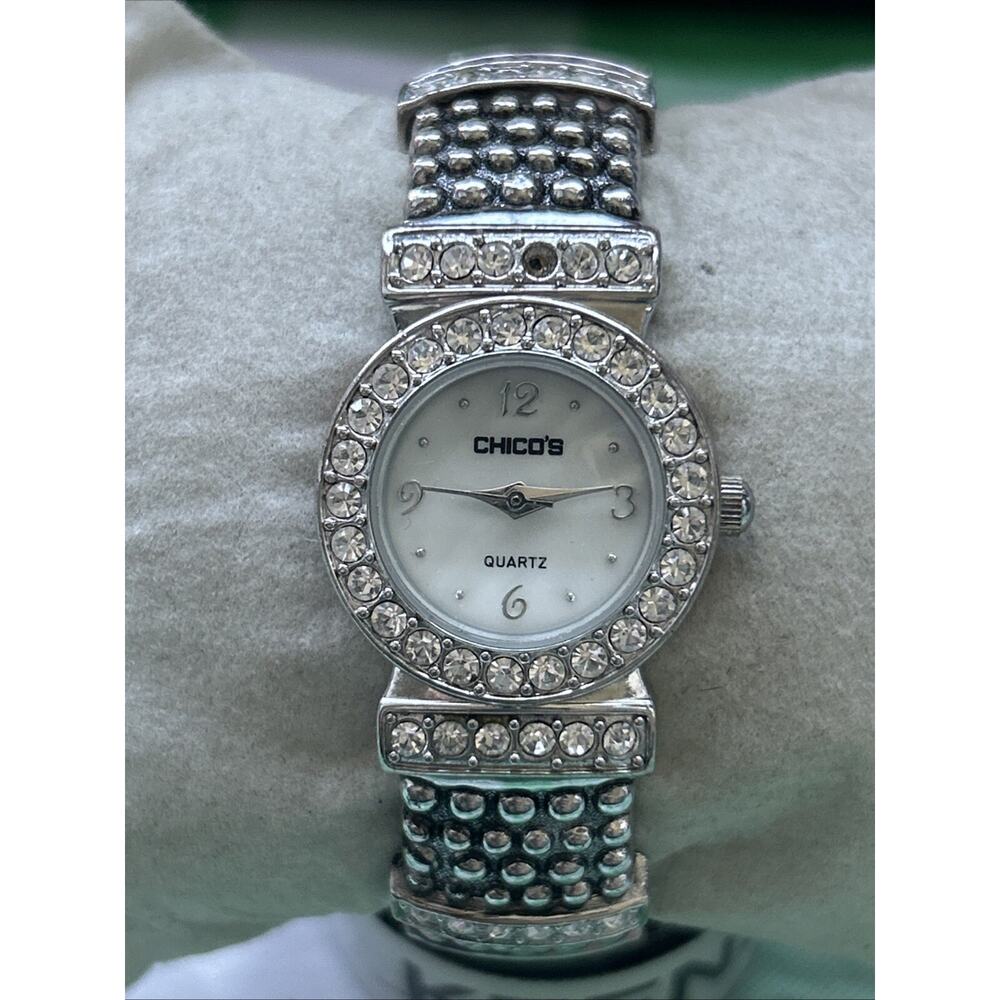 Chicos Silver Tone Rhinestone Bezel Women’s Cuff Watch (missing A Stone)